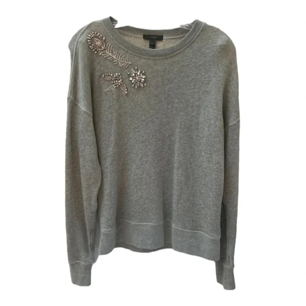 J.Crew Heather Gray Jewelled Embellished Glam Sweatshirt Sweater Top S